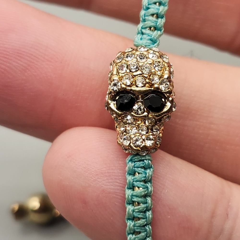 Rhinestone Skull Gold Metal Ball Bead Blue Adjustable Braided Shamballa Bracelet - Picture 3 of 3